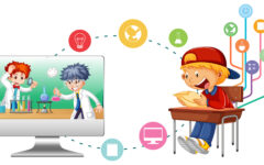 School boy with computer and education icons