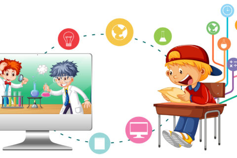 School boy with computer and education icons