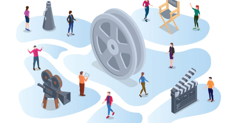focus group discussion for movie with modern flat isometric style