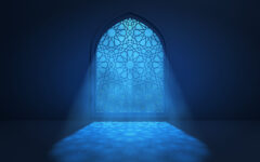Moon light shine through the window into islamic mosque interior. Ramadan Kareem islamic background. 3d render illustration