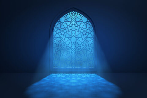 Moon light shine through the window into islamic mosque interior. Ramadan Kareem islamic background. 3d render illustration
