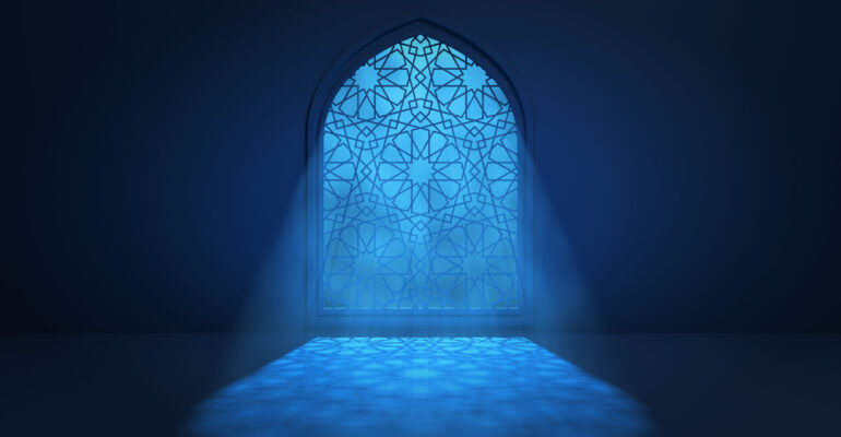 Moon light shine through the window into islamic mosque interior. Ramadan Kareem islamic background. 3d render illustration