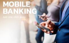 Mobile banking financial technology with people using phones bac
