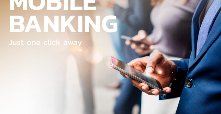 Mobile banking financial technology with people using phones bac