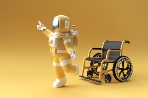 3D Render Astronaut Disabled Using Crutches To Walk with Weelcha