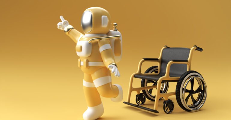 3D Render Astronaut Disabled Using Crutches To Walk with Weelcha