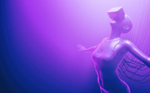 Closeup of woman in VR glasses float in neon space with cables attached to her. Metaverse avatar concept. Ultraviolet cyberpunk illustration. 3d render illustration