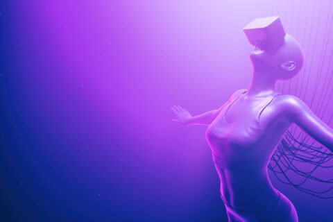 Closeup of woman in VR glasses float in neon space with cables attached to her. Metaverse avatar concept. Ultraviolet cyberpunk illustration. 3d render illustration
