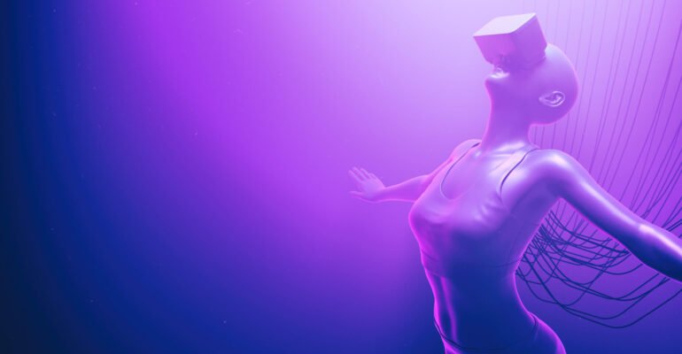 Closeup of woman in VR glasses float in neon space with cables attached to her. Metaverse avatar concept. Ultraviolet cyberpunk illustration. 3d render illustration