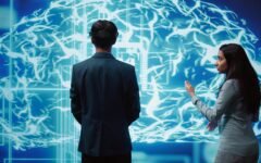 Engineers use VR headset and AR hologram, looking at AI neural networks