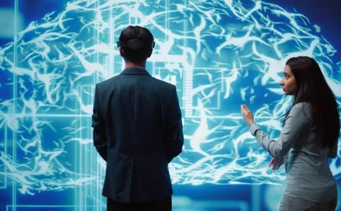 Engineers use VR headset and AR hologram, looking at AI neural networks