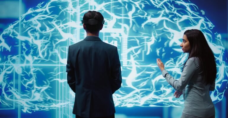 Engineers use VR headset and AR hologram, looking at AI neural networks