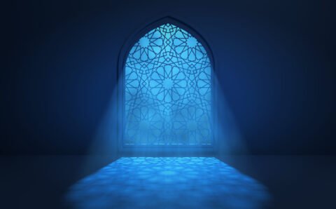 Moon light shine through the window into islamic mosque interior. Ramadan Kareem islamic background. 3d render illustration