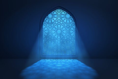 Moon light shine through the window into islamic mosque interior. Ramadan Kareem islamic background. 3d render illustration