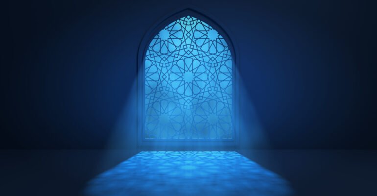 Moon light shine through the window into islamic mosque interior. Ramadan Kareem islamic background. 3d render illustration